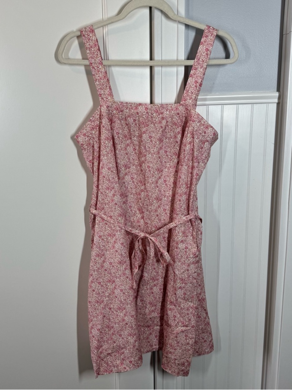 Oak Meadow Pink Floral Mini Belted Dress size medium 100% cotton ethical cottage